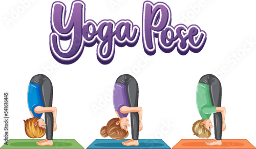 People practicing yoga with text