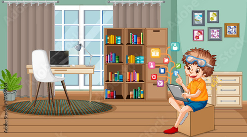 A boy using tablet at home