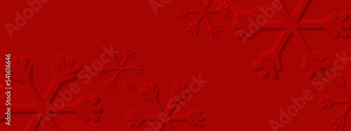 Red background with snowflake shape in embossed style. Christmas background. Vector illustration.