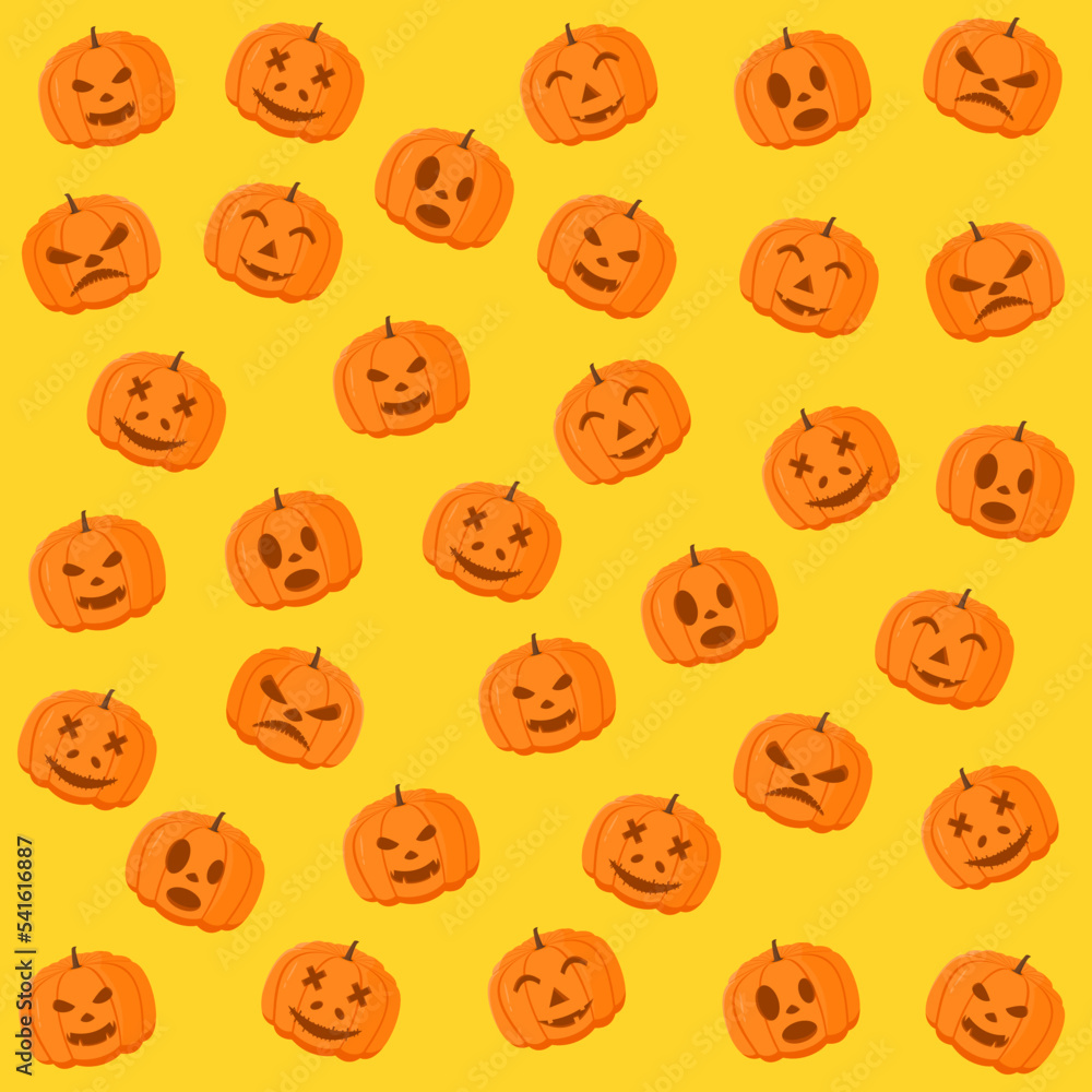 Pattern Pumpkin on yellow background. Smiley face. Orange Pumpkin on Halloween day. The background was used for Halloween. Vector illustration Pattern Pumpkin on yellow background. Smiley face. Orange Pumpkin on Halloween day. The background was used for Halloween. Vector illustration