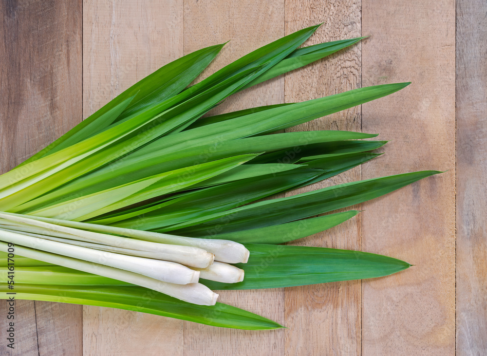 Lemongrass and fresh pandan leaves on wooden tabel Stock Photo Adobe