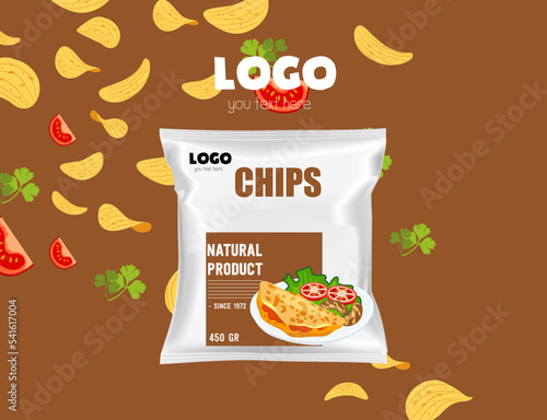 Chips packaging template vector design of 3d bag