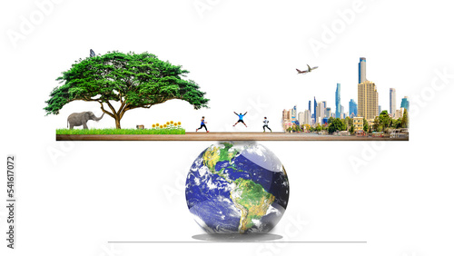 .Carbon Neutral and ESG Concepts Carbon Emissions Clean Energy Globe Balance between Sustainable Resource Forests Caring for the Environment and Polluted Cities