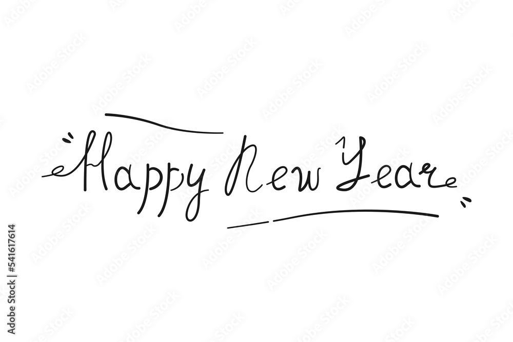 Black handwritten lettering of Happy New Year. Festive hand drawn text for decoration design, greeting card, banner and poster. Vector illustration