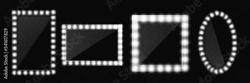 Makeup mirror isolated with gold lights. Vector square and round frames illustration