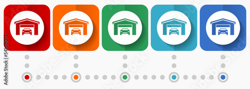 Car in a garage vector icons, infographic template, set of flat design symbols in 5 color options