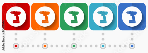 Cordless screwdriver, drill vector icons, infographic template, set of flat design symbols in 5 color options