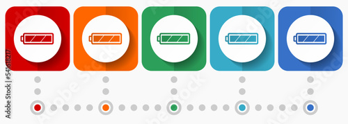 Battery vector icons, infographic template, set of flat design symbols in 5 color options