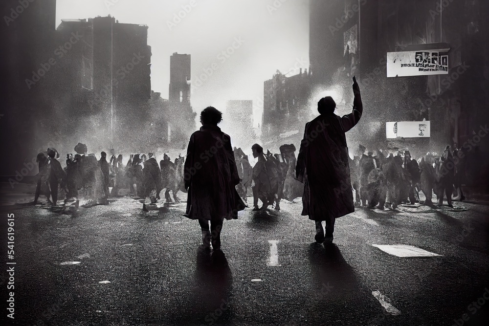 Black and white Ai generated illustration. Silhouettes of two people against huge crowd at the street