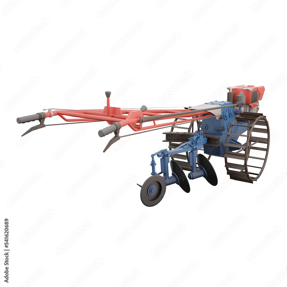 3D render thailand tractor hand control with steel wheels and two pull accessaries right side rear to front view.png illustation.