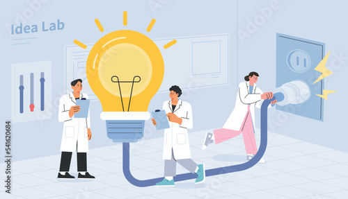 Researchers in the lab analyze and light a giant light bulb. flat vector illustration.