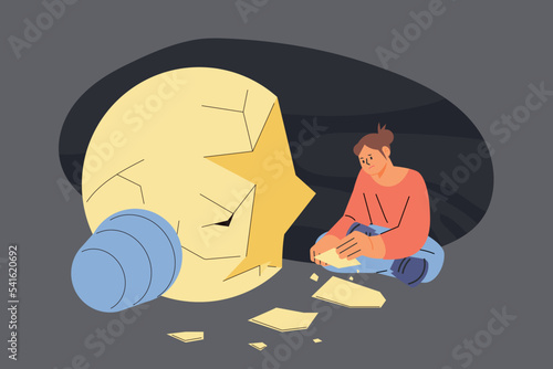 A large light bulb is broken and a woman is sitting with the piece in her hand. flat vector illustration.