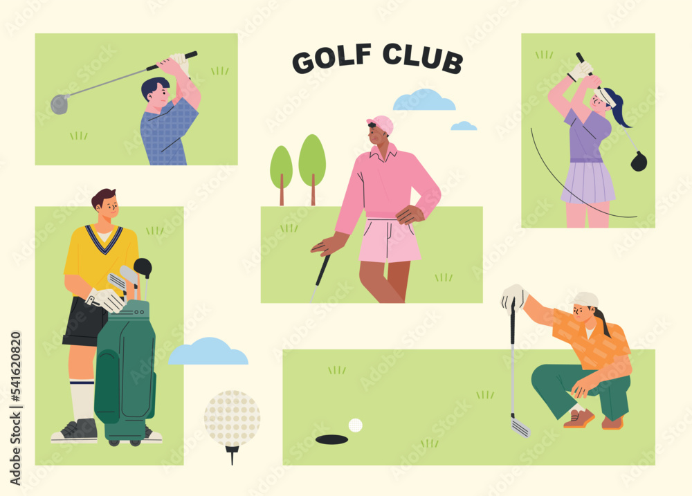 People who enjoy golf. Small square frame composition. flat vector illustration.