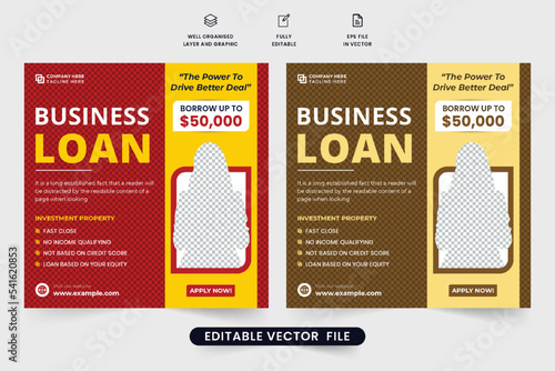 Small business loan social media post template with red and yellow colors. Banking service advertisement poster design for home or car loans. Personal bank loan promotional web banner template.