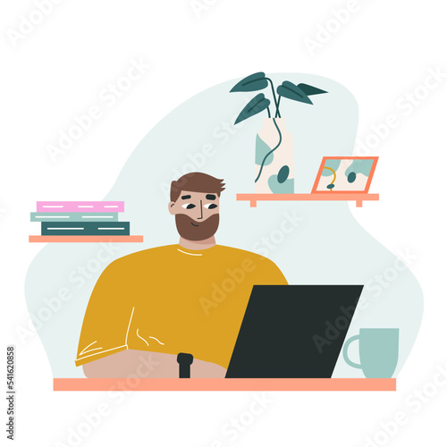 Man sits at a table, works at home at a computer. The concept of freelancing and remote work. Flat vector illustration