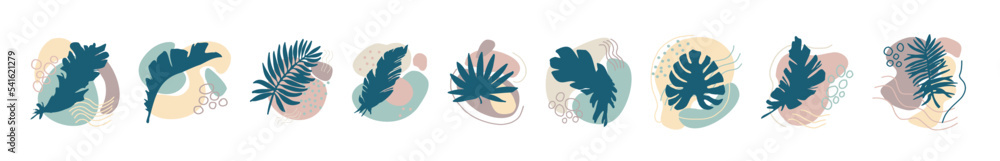 Collection of abstract organic shapes with silhouette tropical plants. Minimal art design. Foliage drawing with fluid geometric forms, dots and lines. Set Calm abstract pattern with elements of nature Collection of abstract organic shapes with silhouette tropical plants. Minimal art design. Foliage drawing with fluid geometric forms, dots and lines. Set Calm abstract pattern with elements of nature