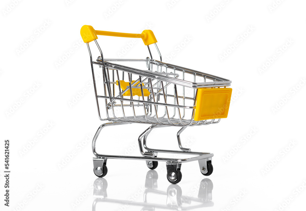 Empty yellow shopping cart with side view- isolated on white background