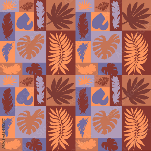 Abstract seamless background with silhouettes of tropical leaves in rectangles. Minimal art design. Calm abstract pattern with elements of nature