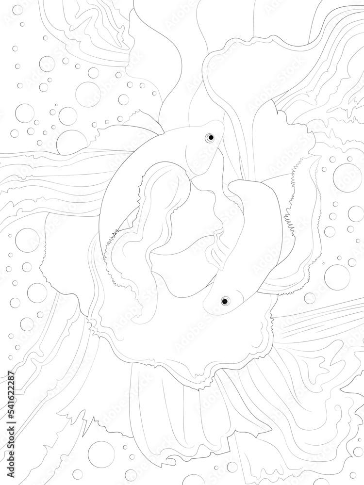 Obraz premium Two Betta fishes on bubble background, black and white.Coloring book page. Vector.