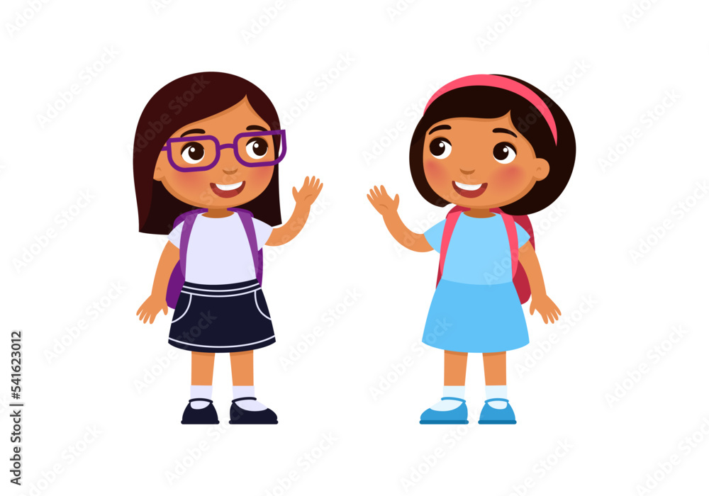 Two little girls wave to each other. Happy Dark skin schoolgirls. Illustration of children's school friendship. Two little girls wave to each other. Happy Dark skin schoolgirls. Illustration of children's school friendship.