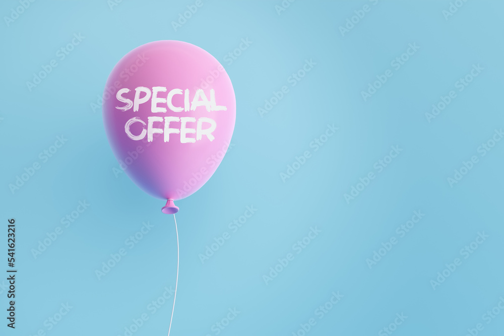 Pink flying air helium balloon with the announcement message SPECIAL OFFER.