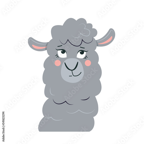 Funny enigmatic alpaca. A head of cartoon lama. Vector cute animal isolated on a white background.