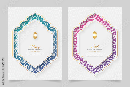 Ramadan and Eid Islamic White Luxury Vertical Ornamental Backgrounds with Arabic Pattern and Decorative Arch Frame