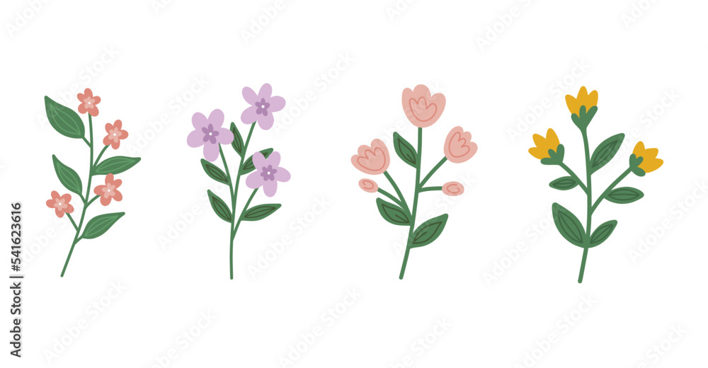 Set of modern floral elements.Flower and green leaves.Hand draw botanical.