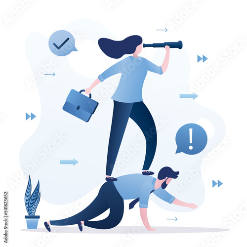 Unhappy employee crawls, boss stands on back of staff and looks through telescope. Corporate slavery, female boss exploits manager. Business vision, project development, worker hard work.