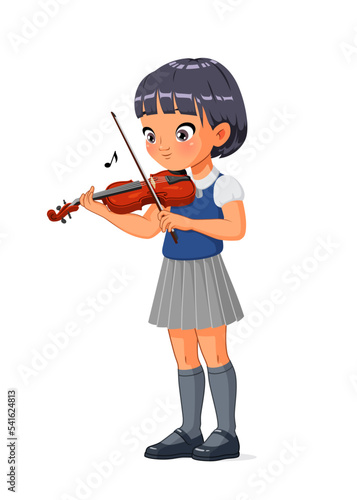Asian school girl playing violin. Cartoon vector illustration.