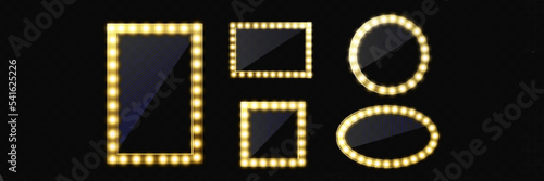 Makeup mirror isolated with gold lights. Vector square and round frames illustration