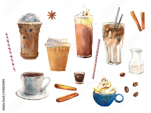 Set of drinks coffee. Watercolor illustration on a white background.