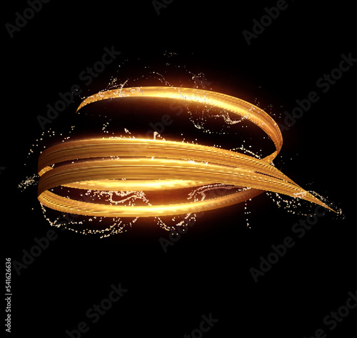 Golden shiny spiral line effect with magic dust particles effect flying around. Vector eps background.