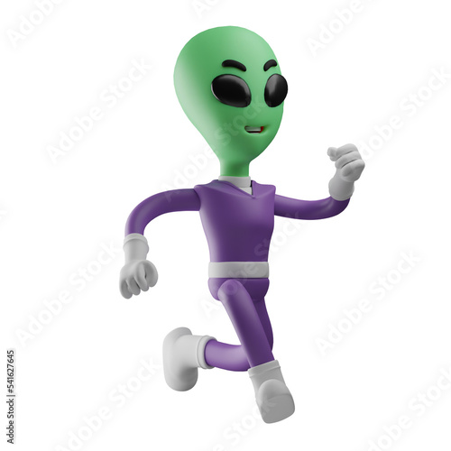 3D illustration. Alien 3D characters run fast. with a running pose. Shows a cute laughing expression. 3D Cartoon Character