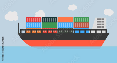 Sea, sky and cargo ship background. Container ship. Vector.