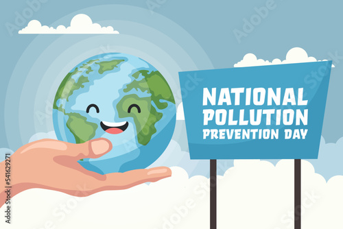 Cartoon background of the planet earth held by a hand with the text of the national pollution prevention day. Poster to raise awareness about caring for the environment