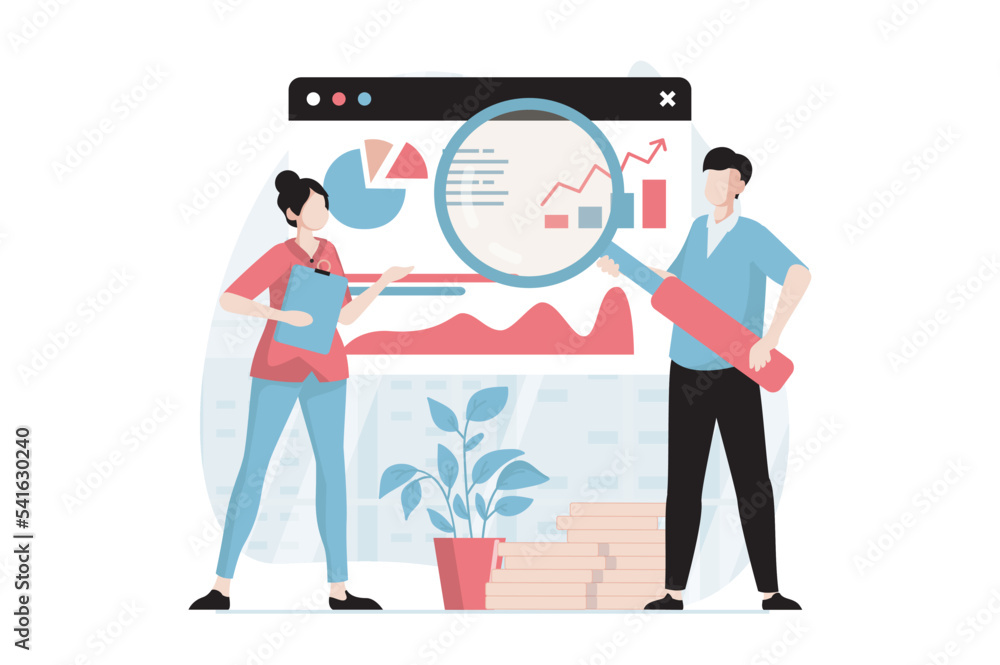 Data science concept with people scene in flat design. Woman and man making research of statistics and analyzes datum at screen for presentation. Vector illustration with character situation for web