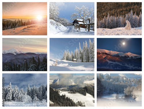 scenic winter mountains collage in Europe, amazing winter collection of nature images
