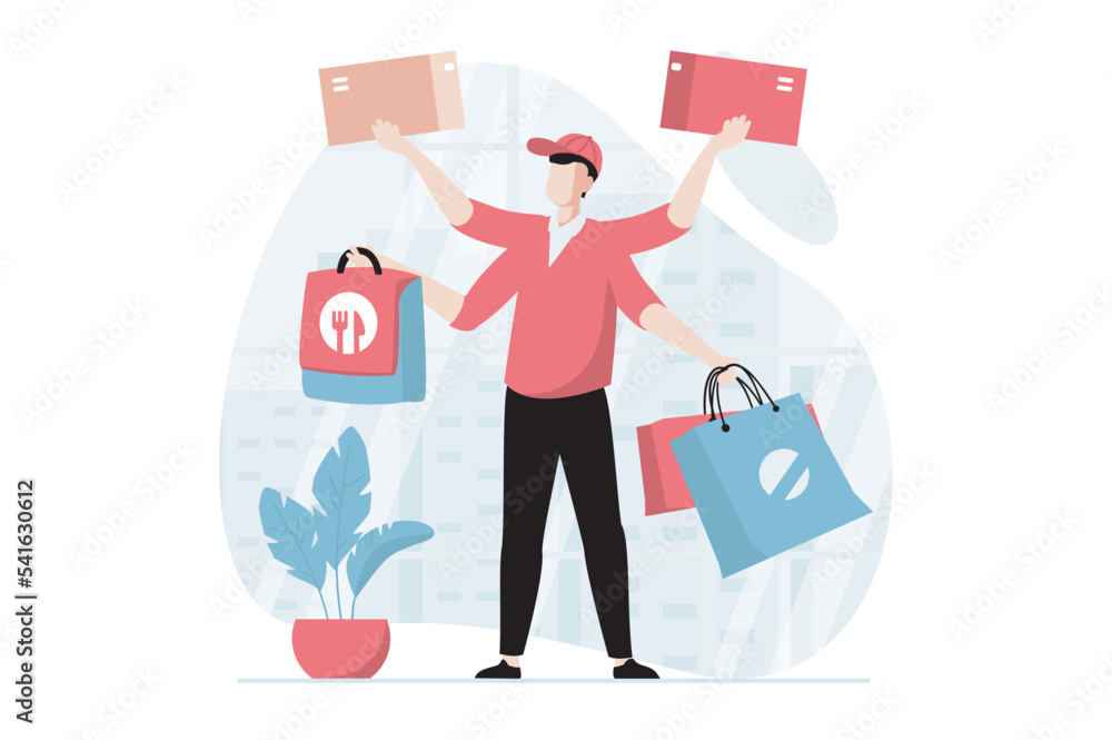 Delivery service concept with people scene in flat design. Man working as courier delivering parcels on box and shipping food in bag to clients. Vector illustration with character situation for web Delivery service concept with people scene in flat design. Man working as courier delivering parcels on box and shipping food in bag to clients. Vector illustration with character situation for web