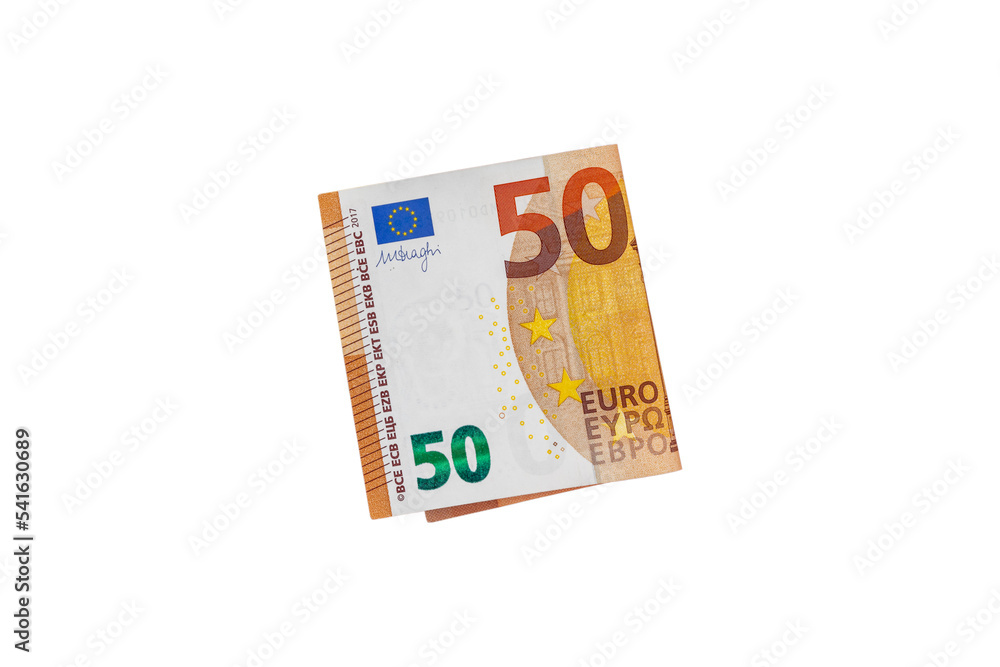 Fifty euros folded in half isolated on a white background. Paper money. Free space for copying. Fifty euros folded in half isolated on a white background. Paper money. Free space for copying.