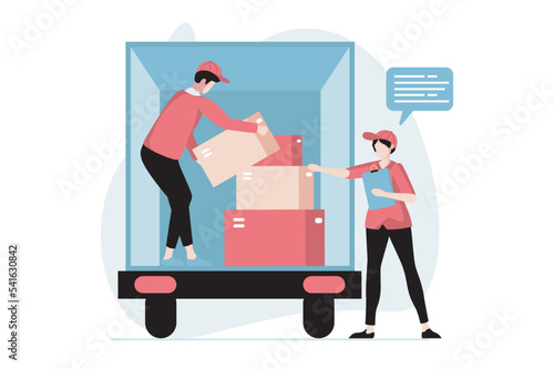 Delivery service concept with people scene in flat design. Man unloading truck and holding postal boxes, warehouse worker accepts new parcels. Vector illustration with character situation for web