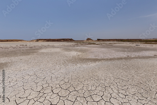 Desert with footprints on the site of a dried-up lake