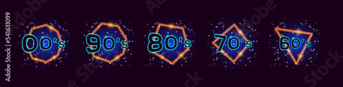 Vector set of bright glowing symbols and signs from the 1960s, 1970s, 1980s, 1990s and 2000s. Triangle, rhombus, polygons and radiant stars