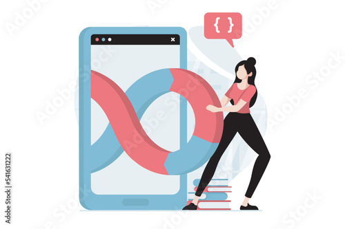 DevOps concept with people scene in flat design. Woman coding, engineering and creating software, using agile project management in company. Vector illustration with character situation for web