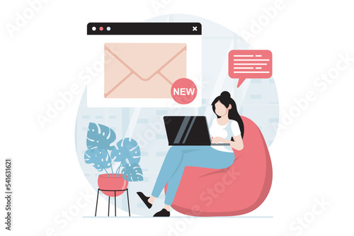 Email service concept with people scene in flat design. Woman receives new letter notification in email client and opens envelope using laptop. Vector illustration with character situation for web