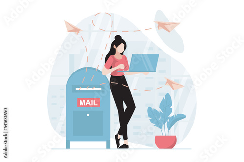 Email service concept with people scene in flat design. Woman makes advertising mailing to attract new customers using email client from laptop. Vector illustration with character situation for web