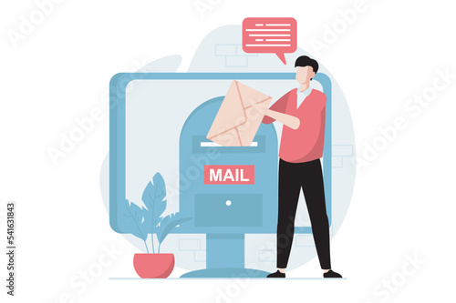 Email service concept with people scene in flat design. Man puts huge envelope in mailbox and sending new letter using mail client on computer. Vector illustration with character situation for web