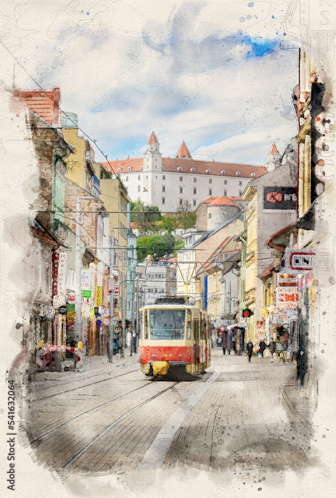 Old red tram in front of the Bratislava castle in Slovakia in watercolor illustration style