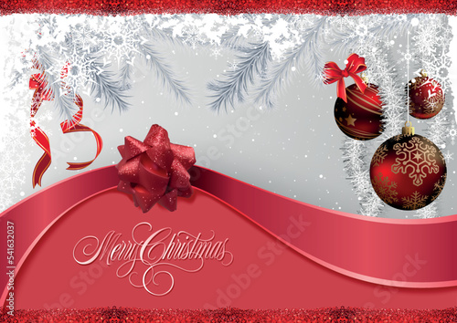 Christmas Red-silver Background with Red Christmas Ornaments and Ribbon with ...