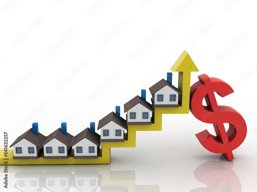 3d illustration Growth in real estate shown on graph with dollar 3d illustration Growth in real estate shown on graph with dollar